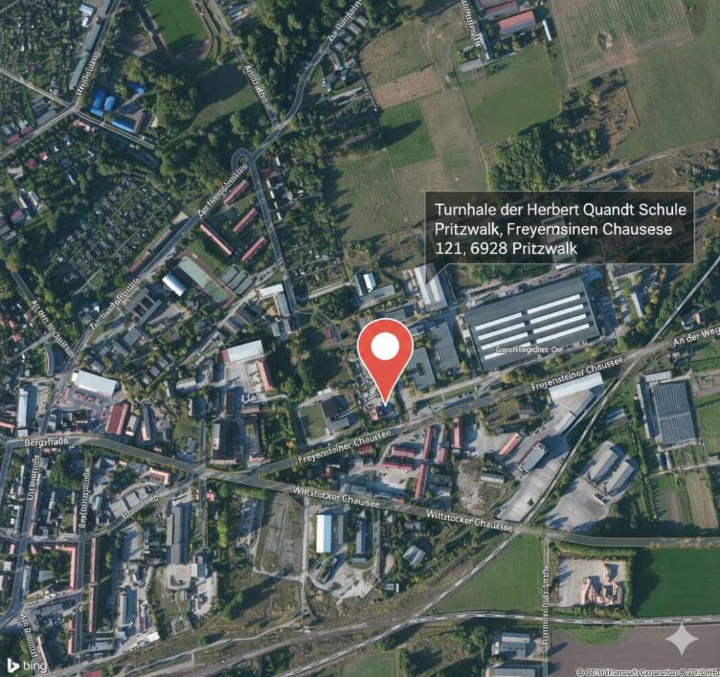 Wegbeschreibung zur Turnhalle der Herbert Quandt Schule Pritzwalk, Freyensteiner Chaussee 121, 6928 Pritzwalk