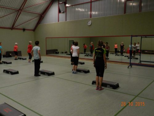 Die Bilder zeigen die Aerobic Gruppe in der Halle vor dem großen Wandspiegel